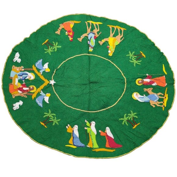 VTG Handcrafted Felt Nativity Christmas Tree Skirt 42" Embroidered Sequins Green - Picture 1 of 8